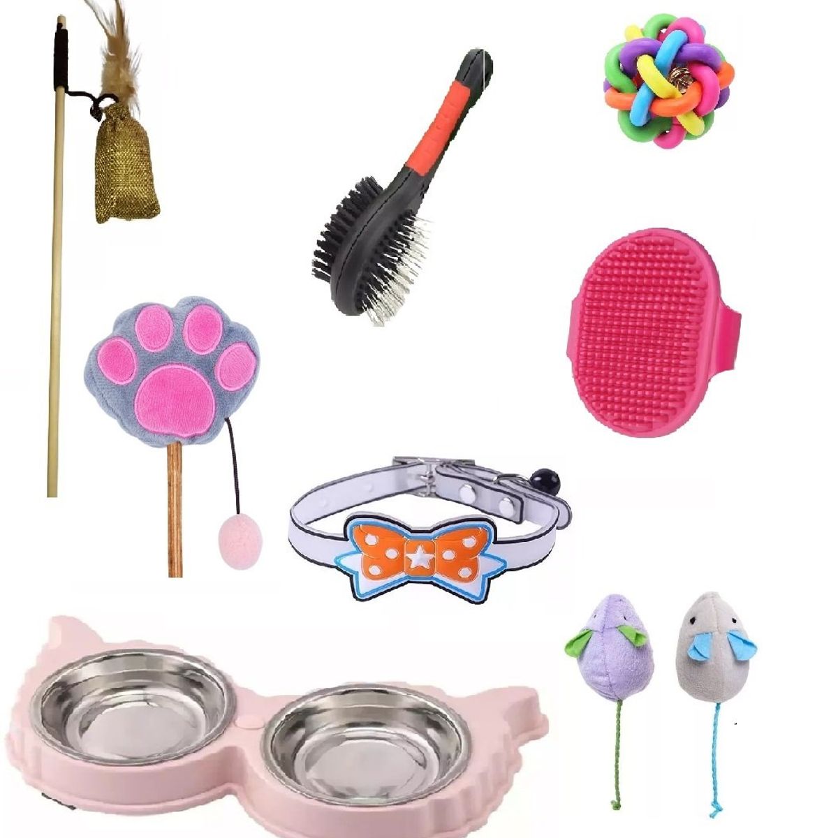 GENERICO - Kit De 8 Productos Para Gatos, Aseo, Juguetes Y Un Plato.