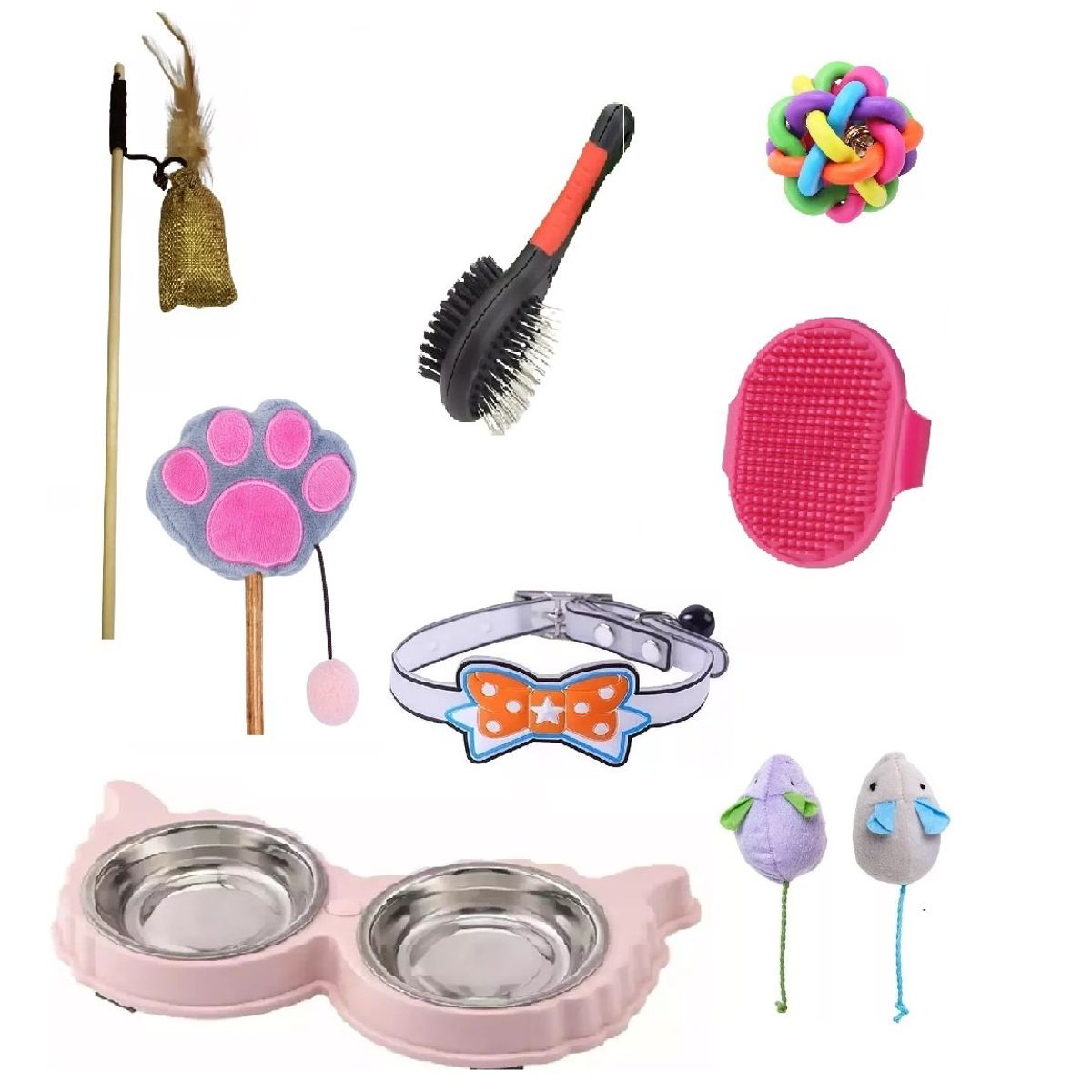 GENERICO - Kit De 8 Productos Para Gatos, Aseo, Juguetes Y Un Plato.