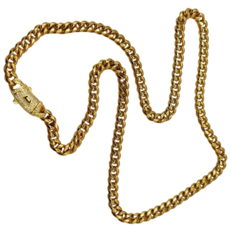GENERICO - Cadena de ORO LAMINADO Tejido CUBANA Con BROCHE de CRISTALES