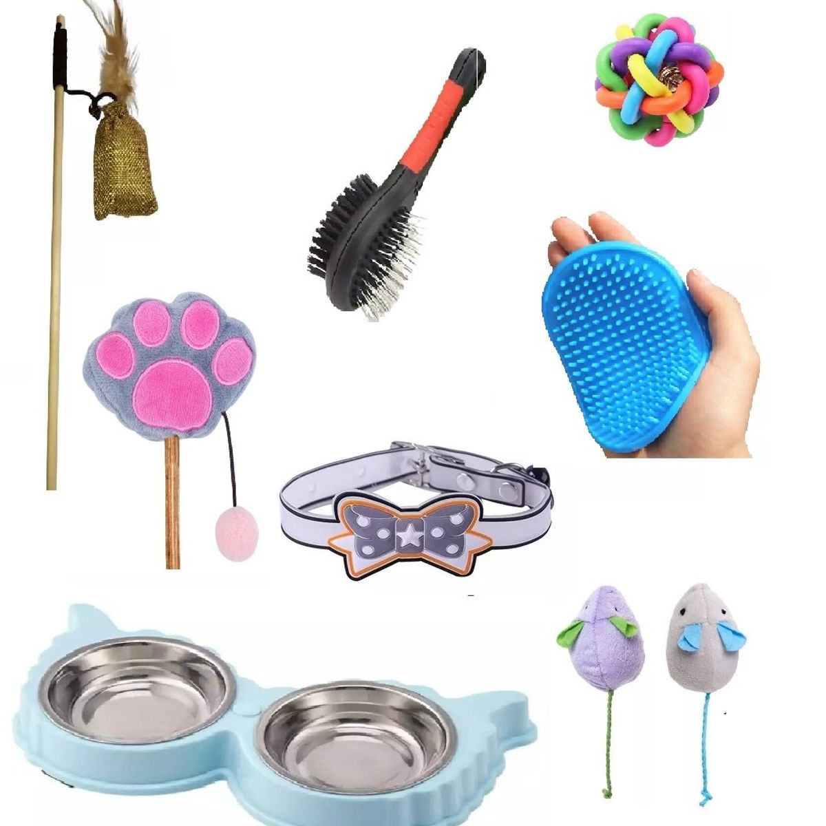 GENERICO - Kit De 8 Productos Para Gatos, Aseo, Juguetes Y Un Plato.