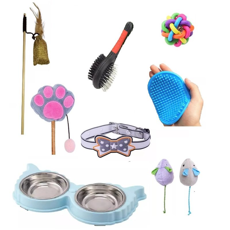 GENERICO - Kit De 8 Productos Para Gatos, Aseo, Juguetes Y Un Plato.