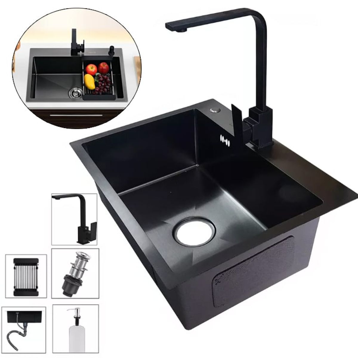 KUANGYE - Lavaplatos 60x45 Cm Con Accesorios Y Griferia 2mm Negro