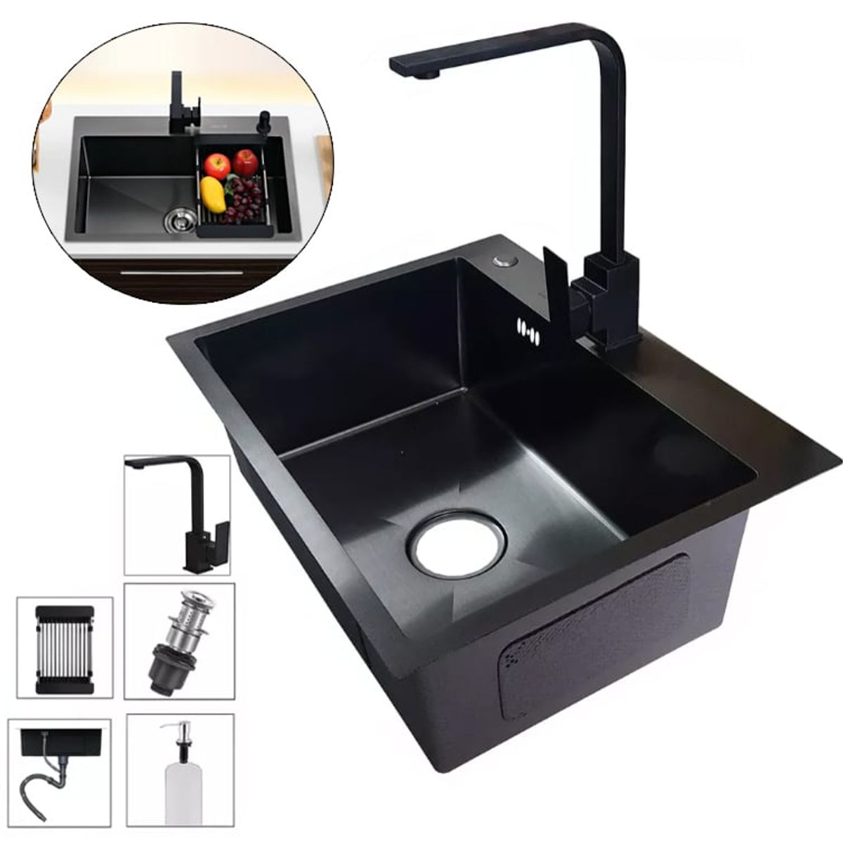 KUANGYE - Lavaplatos 60x45 Cm Con Accesorios Y Griferia 2mm Negro