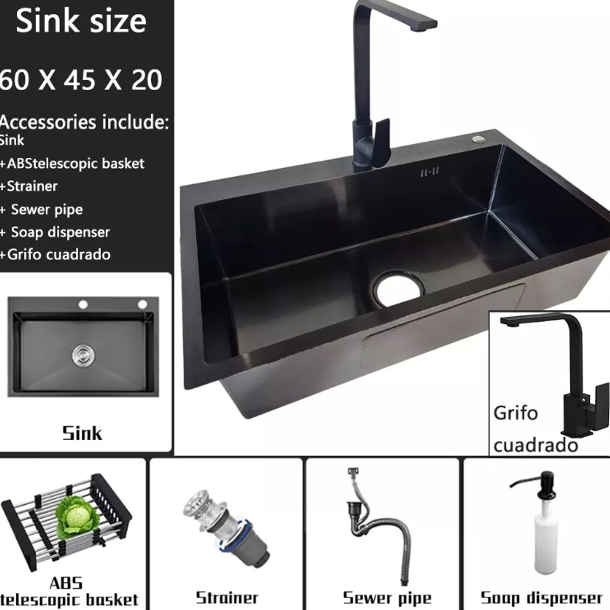 KUANGYE - Lavaplatos 60x45 Cm Con Accesorios Y Griferia 2mm Negro