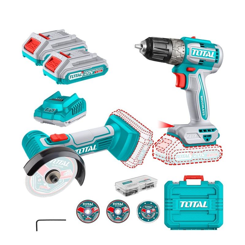 TOTAL TOOLS - Mini Esmeril Inal 20V 3" 76mm + Taladro Inál 20v 10mm 52 Nm Total