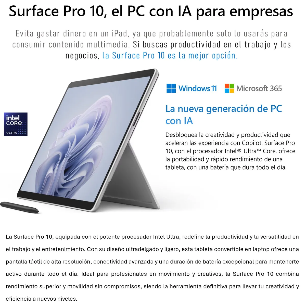 MICROSOFT - Surface Pro 10 - Tablet Windows 11 Core Ultra 5 8GB RAM 256GB SSD.