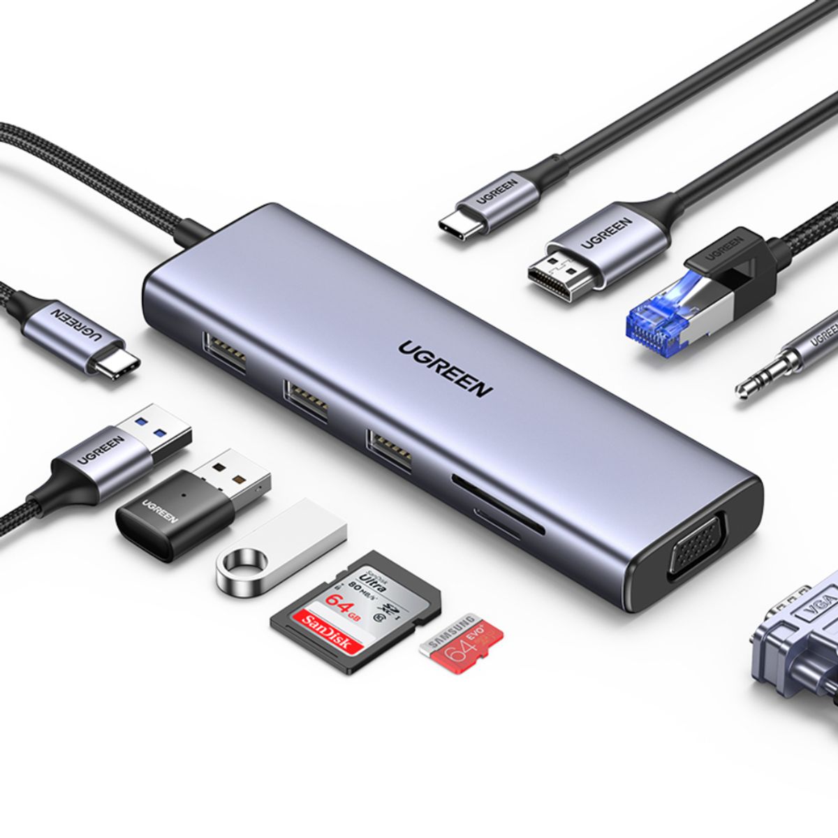 UGREEN - MULTIPUERTO USB-C  1HDMI 4K60HZ + 1VGA 1080P + 3USB 30 + RJ45 GIGABIT