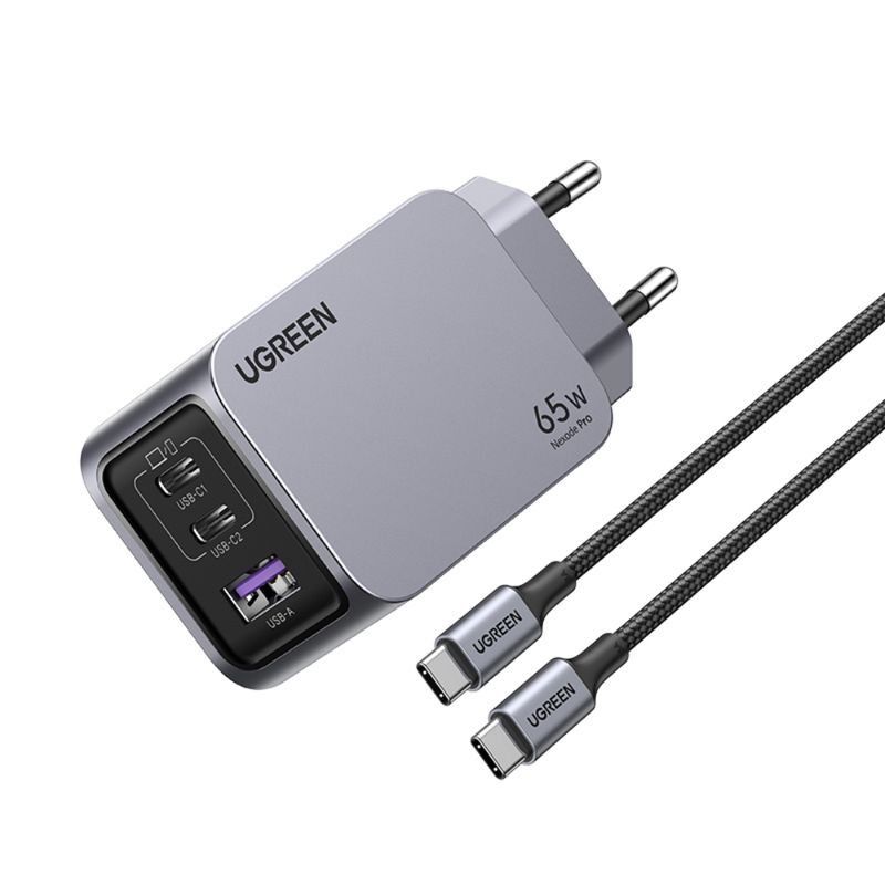 UGREEN - CARGADOR GAN TECH FAST SLIM 65W 2 USB-C  USB-A  + CABLE USB-CUSB-C 