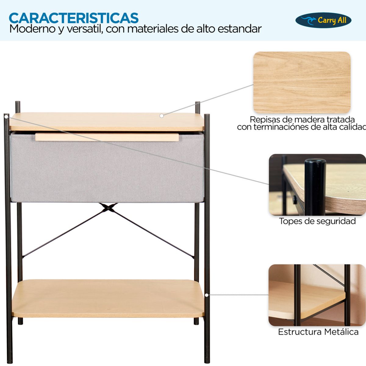 CARRY ALL - Velador 2 Niveles Carry All® Línea Minimalist 1 Cajón y Marco Metalico