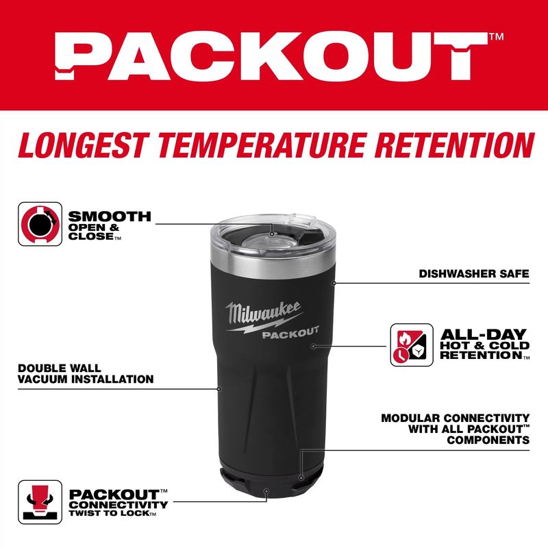MILWAUKEE - Vaso negro Packout de 20 oz Milwaukee