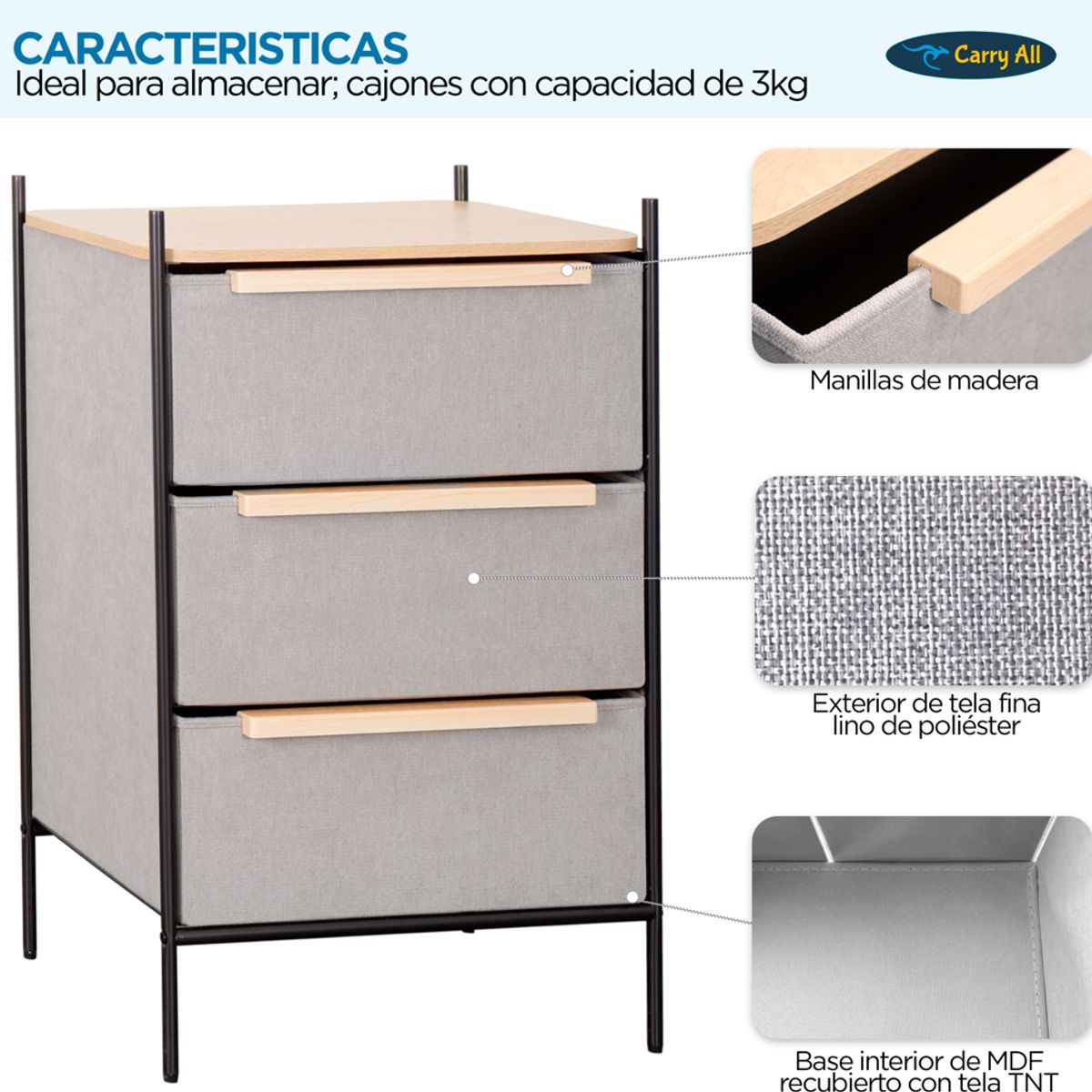 CARRY ALL - Velador Cajonera 3 Cajones Carry All® Línea Minimalist