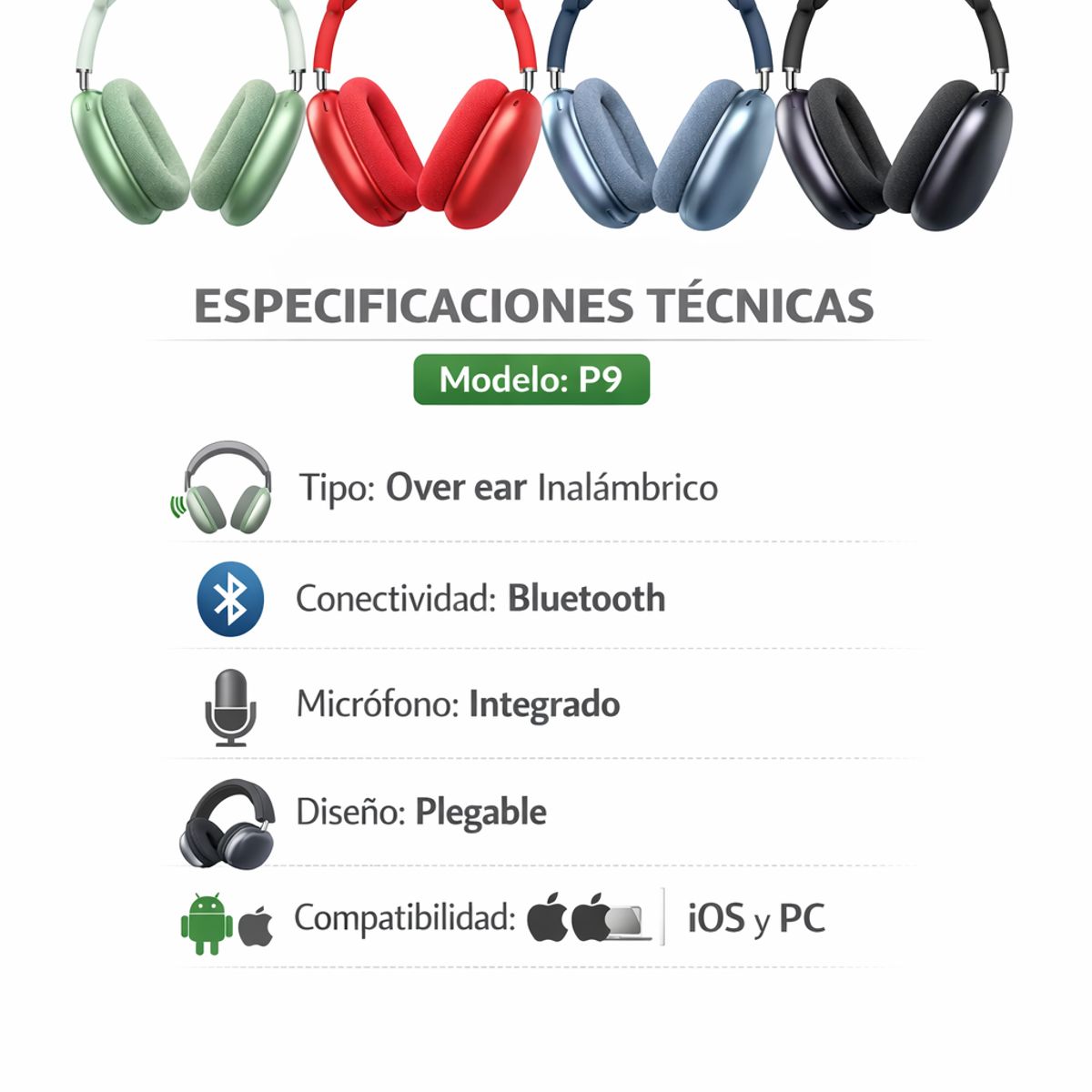 IRM - Auriculares Inalambricos P9 Bluetooth Over Ear Acolchados Gamer Celular PC Color Azar