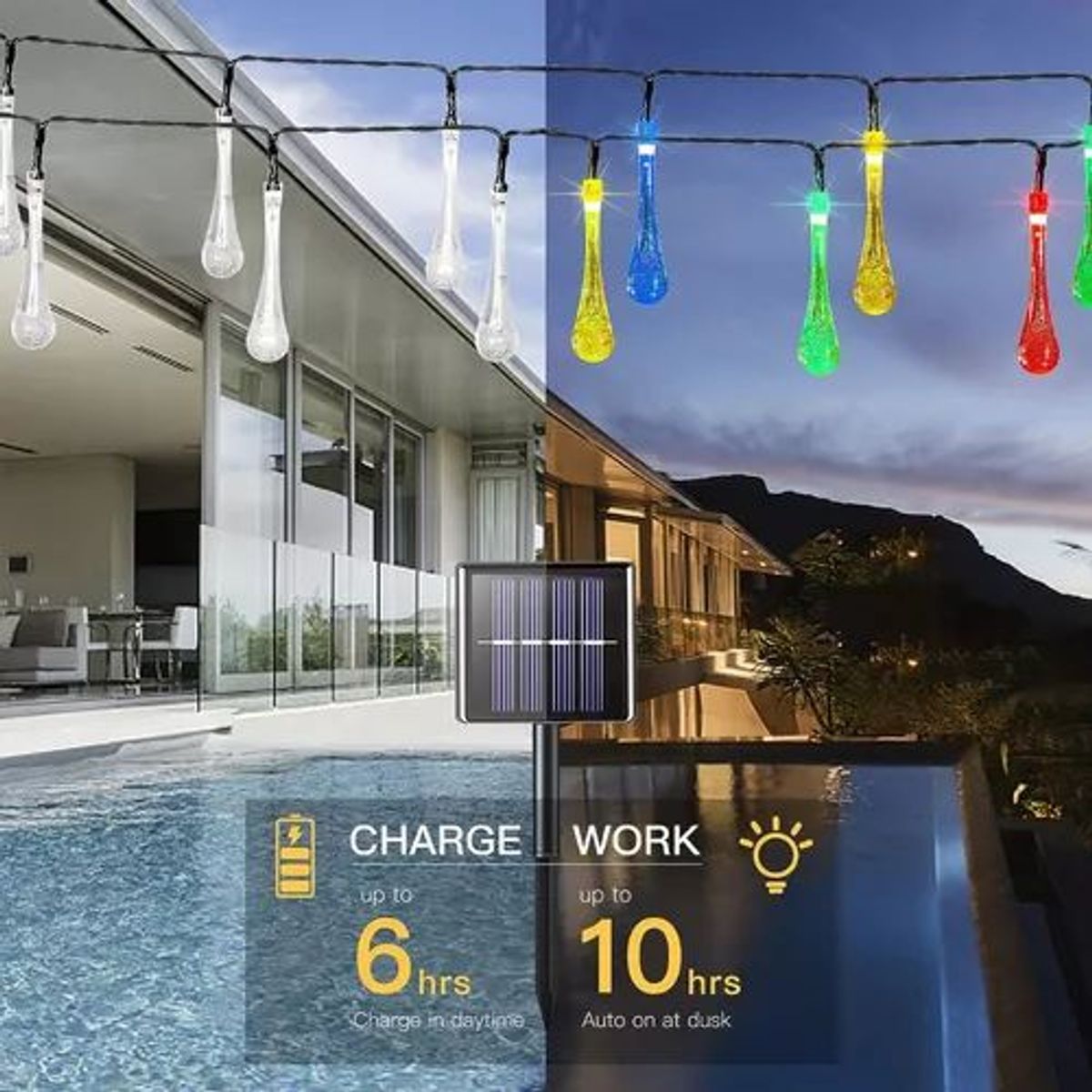 SHOP EHOME BAG - Guirnalda Solar Gotas De Agua Multicolor 30 Luces Led 6.5 Metros Navidad
