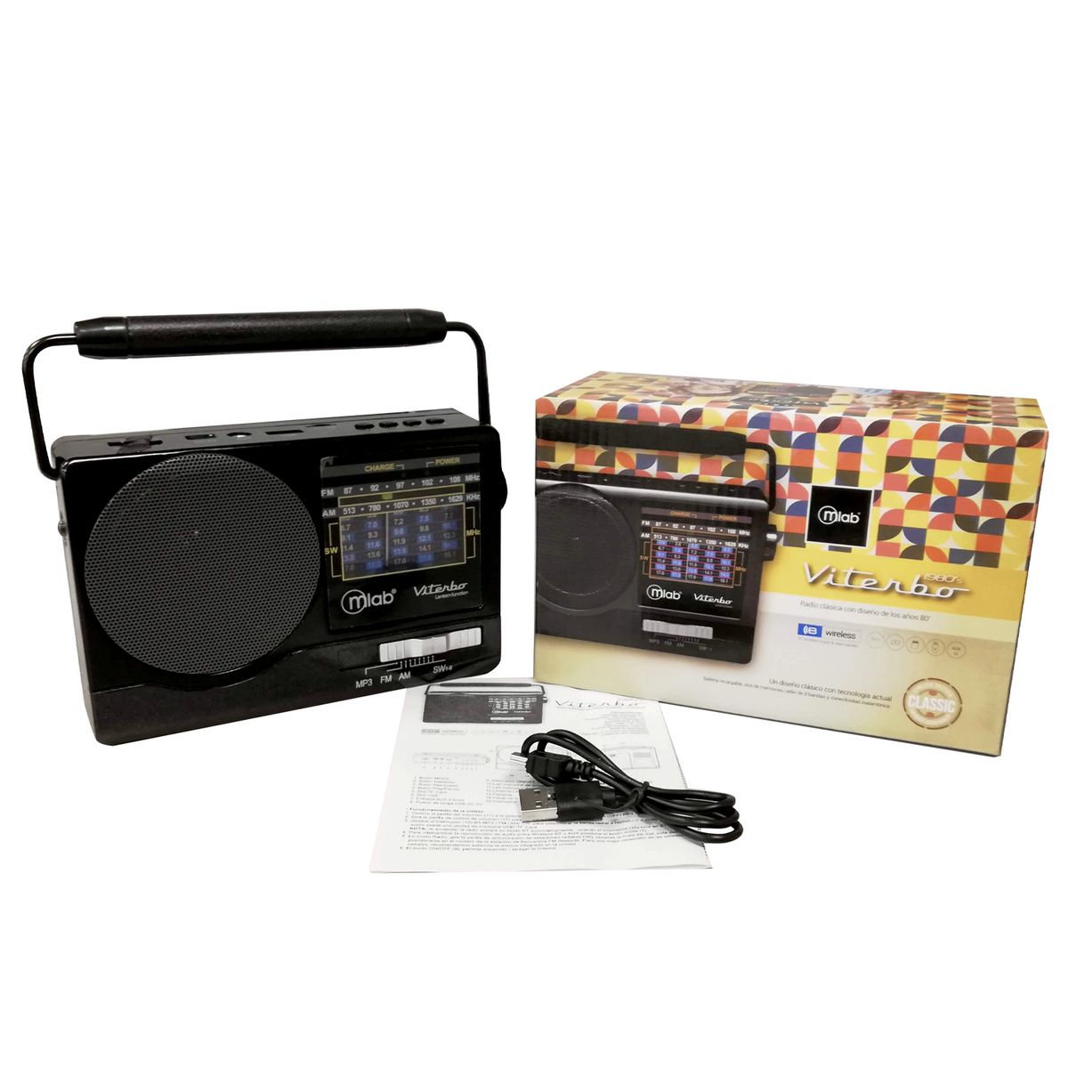 MLAB - Radio Portátil Con Bluetooth Am Fm Usb Retro Viterbo Mlab - Negro