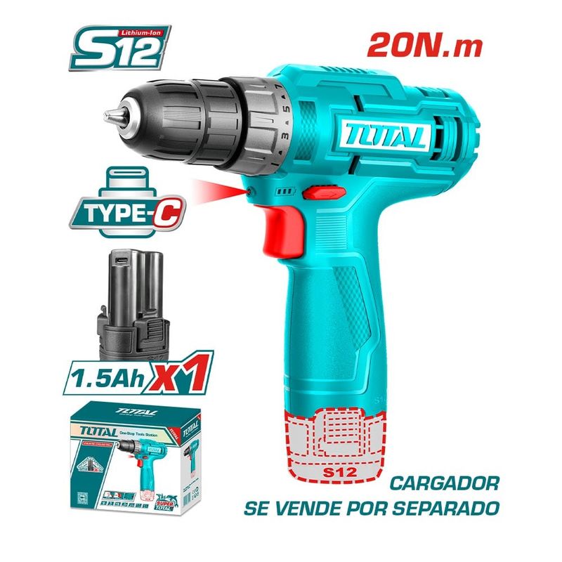 TOTAL TOOLS - Taladro Inalámbrico 12V 10mm + Bat 15ah tipo C Total.