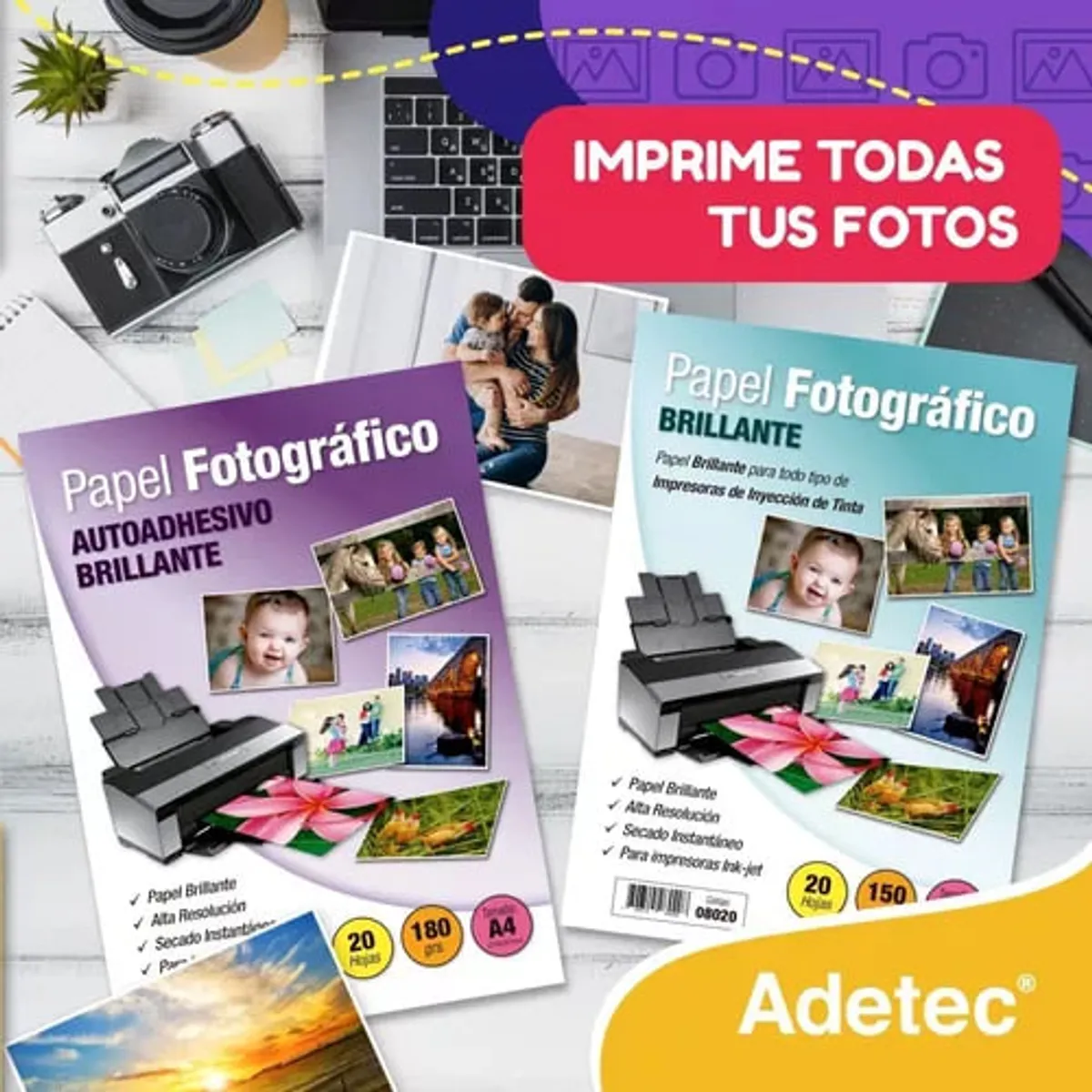 ADETEC - Papel Fotográfico Inkjet Glossy A4 150 g X 20 Hojas