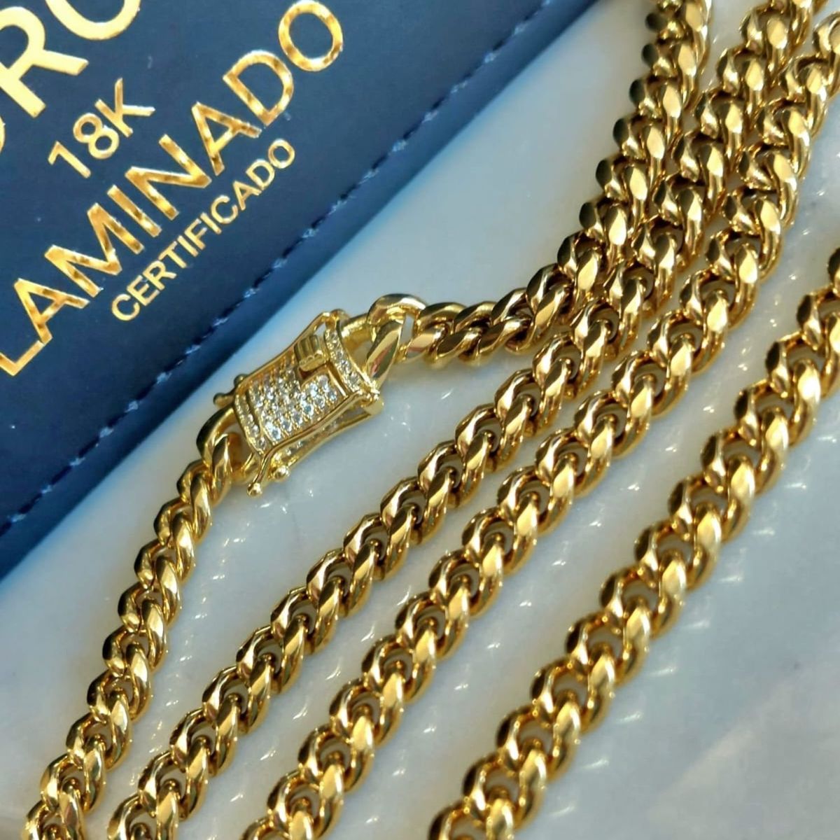 GENERICO - Cadena de ORO LAMINADO 18K Tejido CUBANA BROCHE CAJÓN Con BRILLANTES