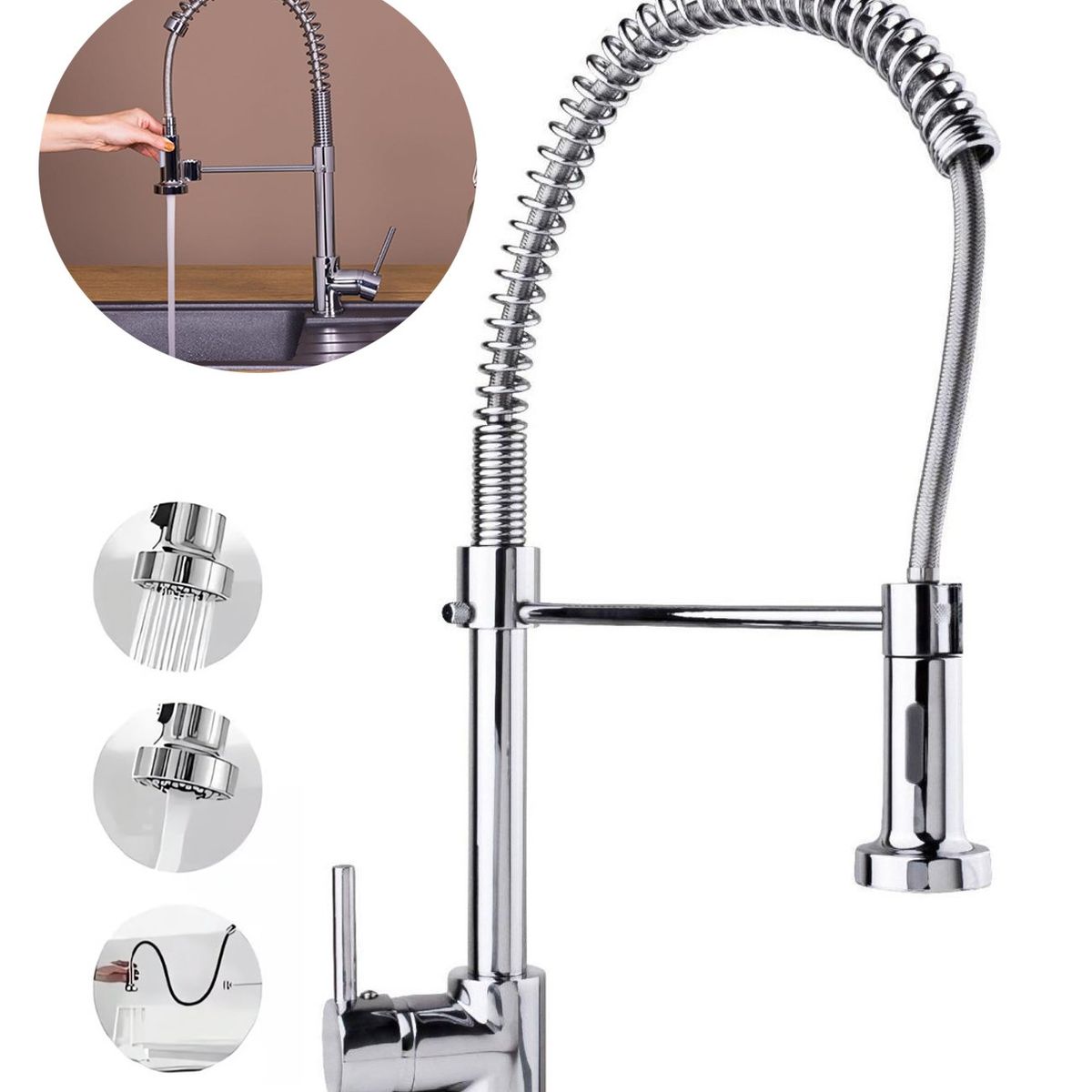 KUANGYE - Grifo llave lavaplatos monomando cocina extensible triple - Plateado