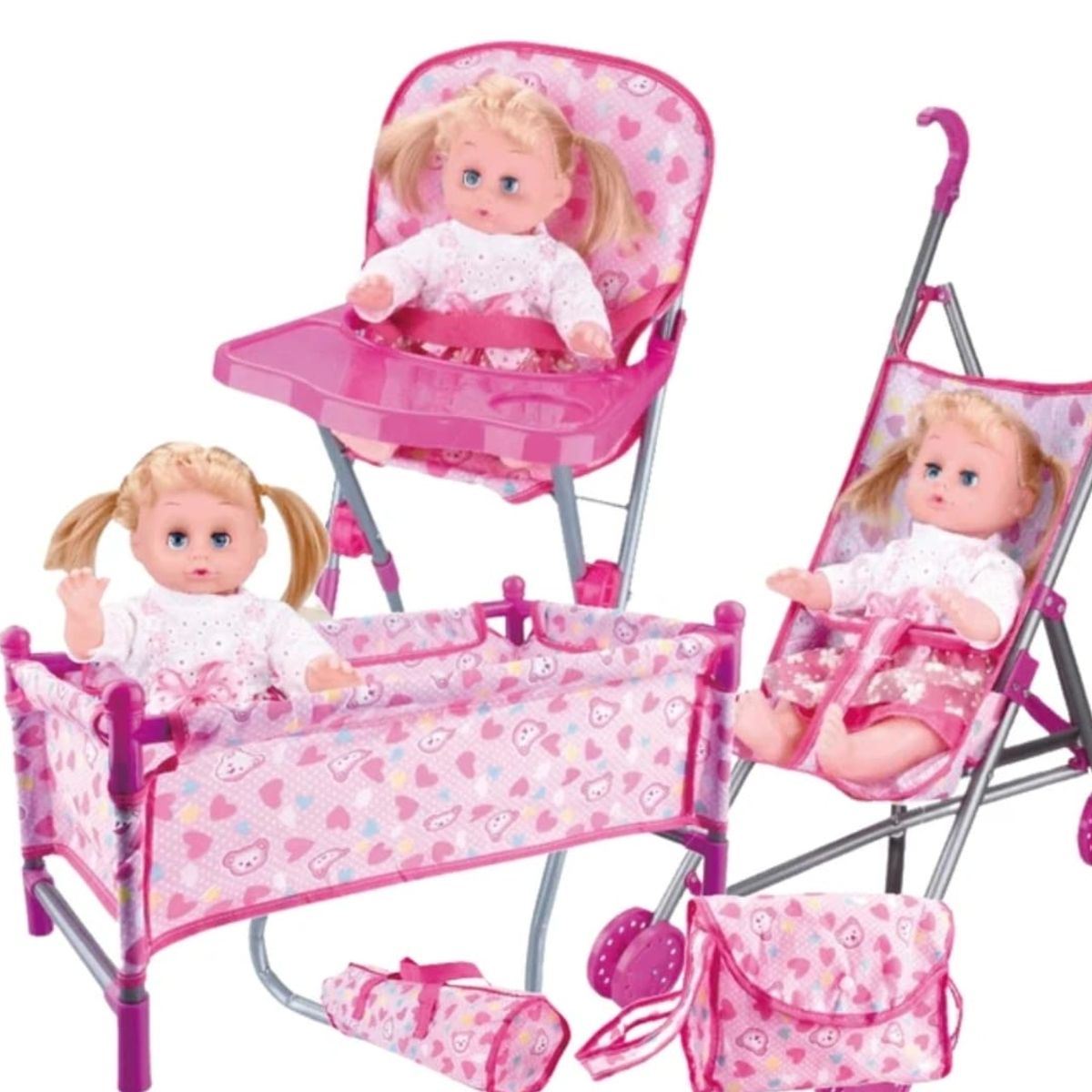 GENERICO - SET DE ACCESORIOS PARA MUÑECA COCHE SILLA CUNA BOLSO 5 EN 1