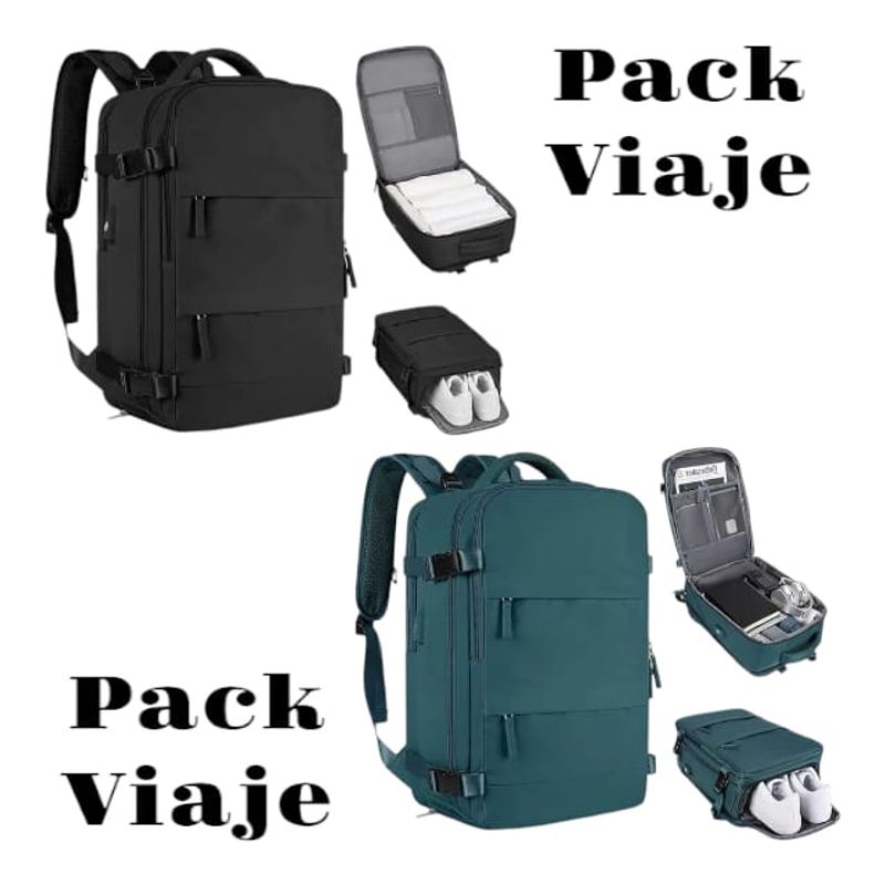 GENERICO - Pack 2 Mochilas Viaje Viral 40l Negro / Azul Petroleo