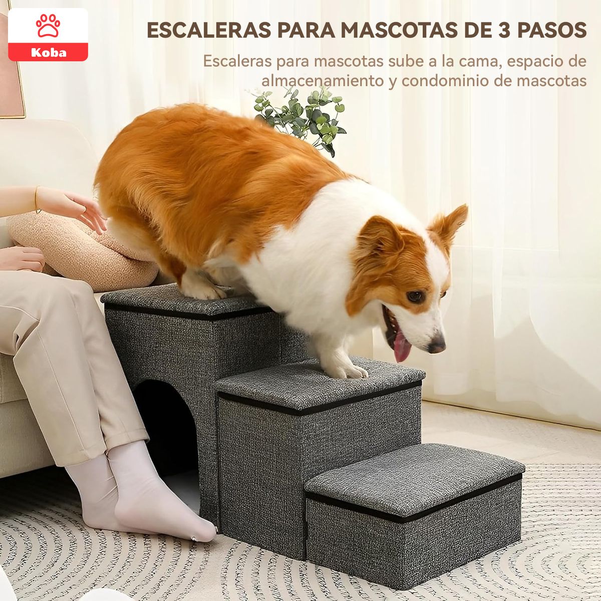 KOBA - Escalera Mascota Perro Gato Con Almacenamiento Plegable Gris