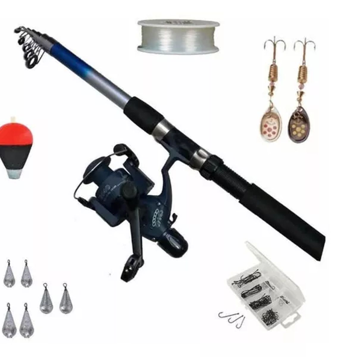 GENERICO - Set Caña De Pescar 210mts + Carrete+nylon+plomos+accesorios
