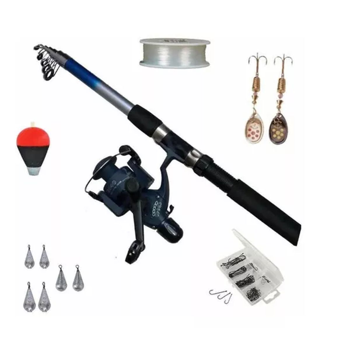 GENERICO - Set Caña De Pescar 210mts + Carrete+nylon+plomos+accesorios