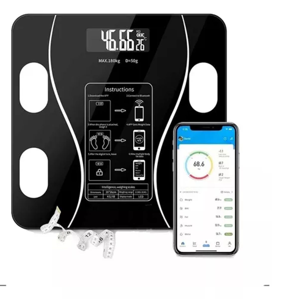 GENERICO - Pesa Digital De Baño Inteligente Recargable Bluetooth App Color Negro