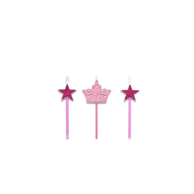 GENERICO - Velas Corona Y Estrellas Rosa 3pcs 16cm