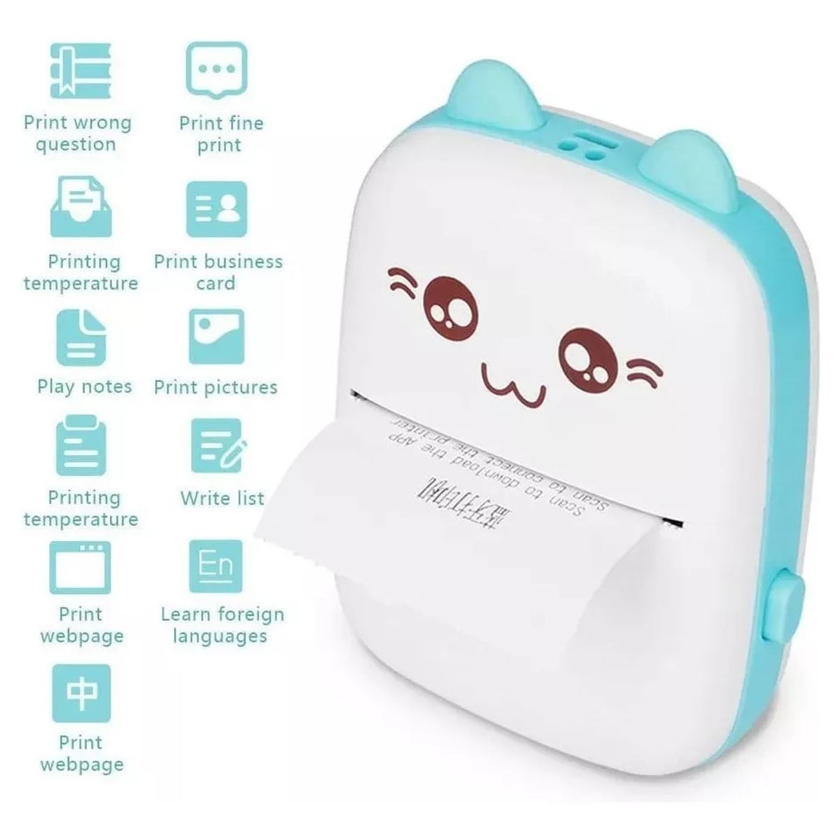 GENERICO - Mini Impresora Portátil Bluetooth Gatito + 1 Rollo Termico Color Azul