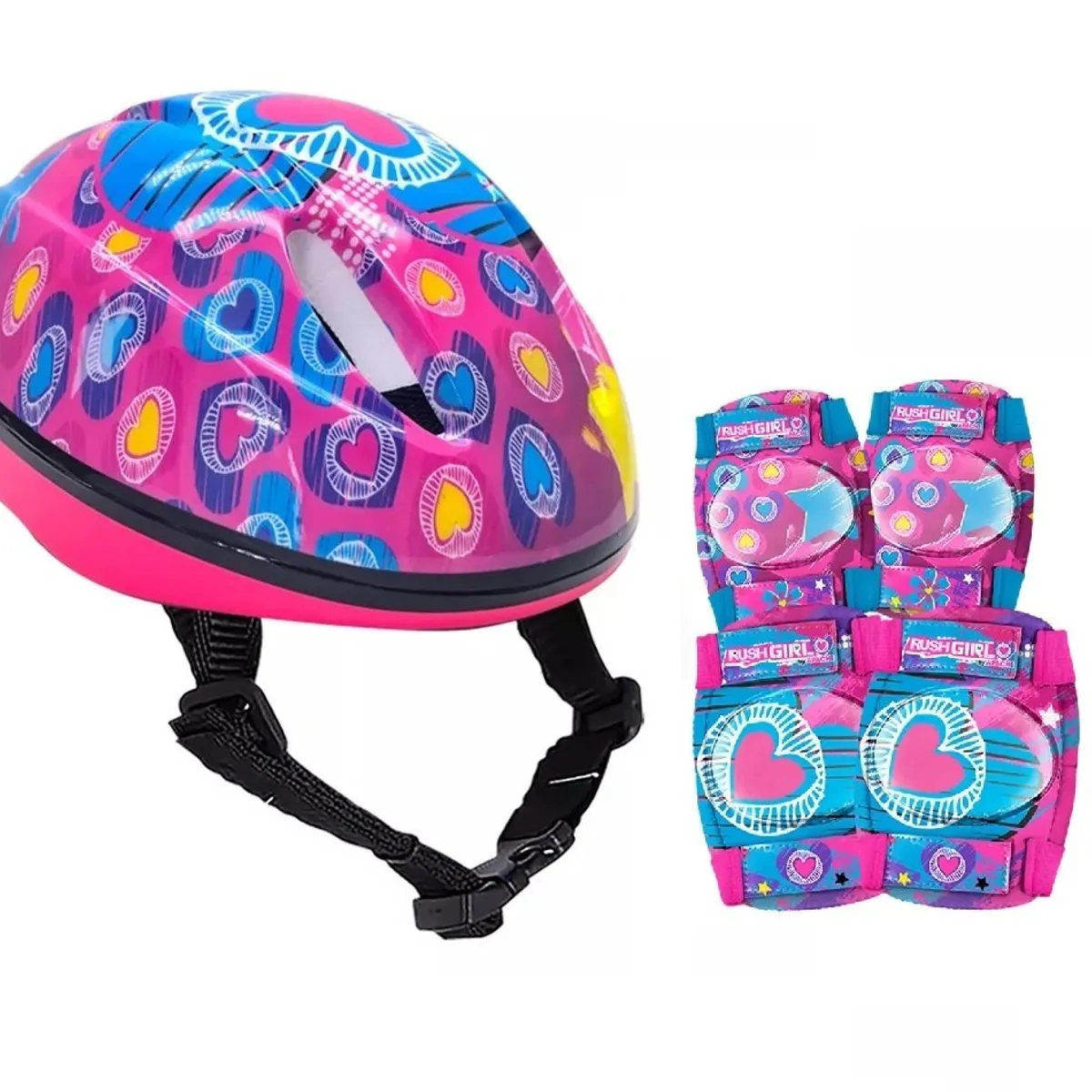 RUSH GIRL - Casco Niña mas  Rodillera y Codera Rush Girl Corazon talla M