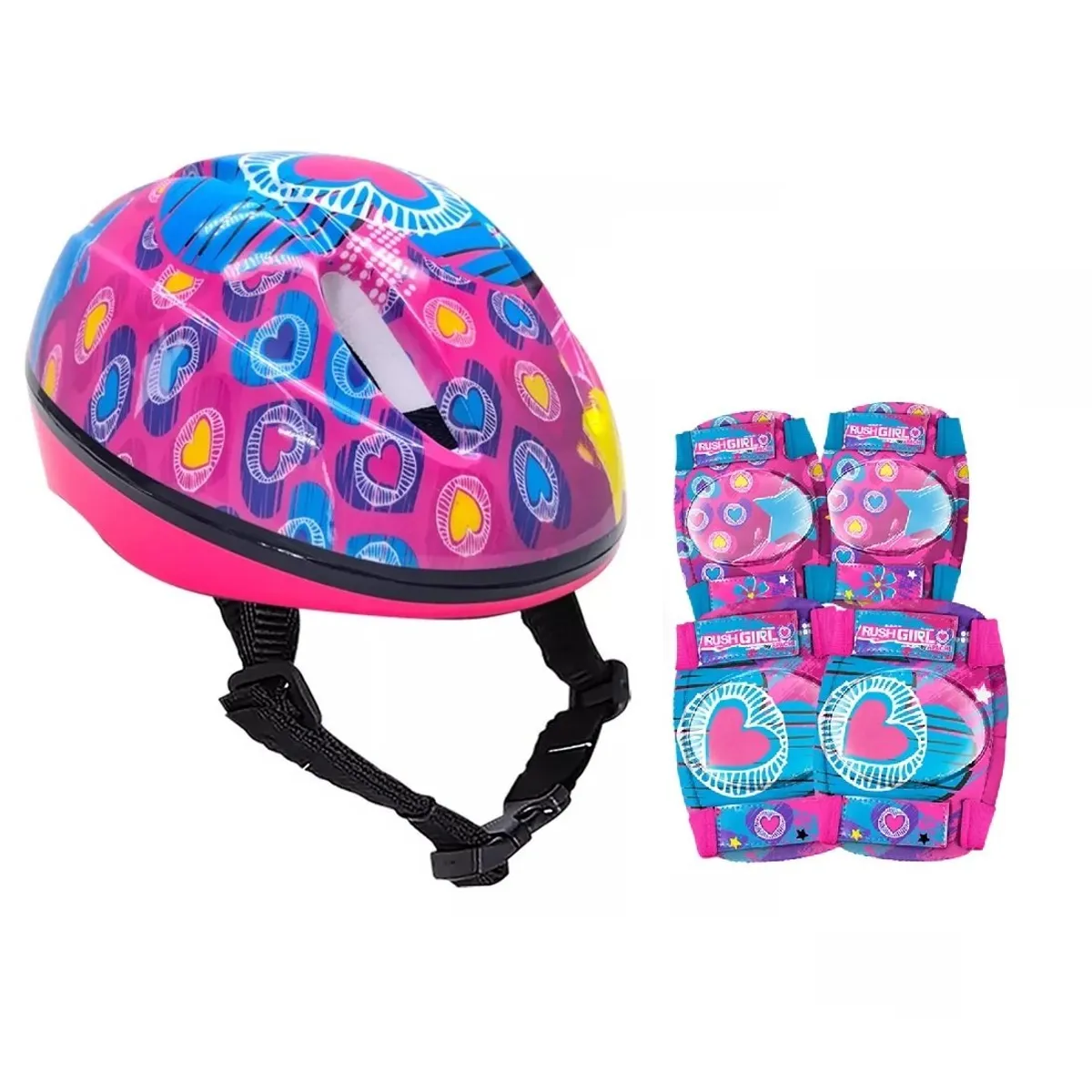 RUSH GIRL - Casco Niña mas  Rodillera y Codera Rush Girl Corazon talla M