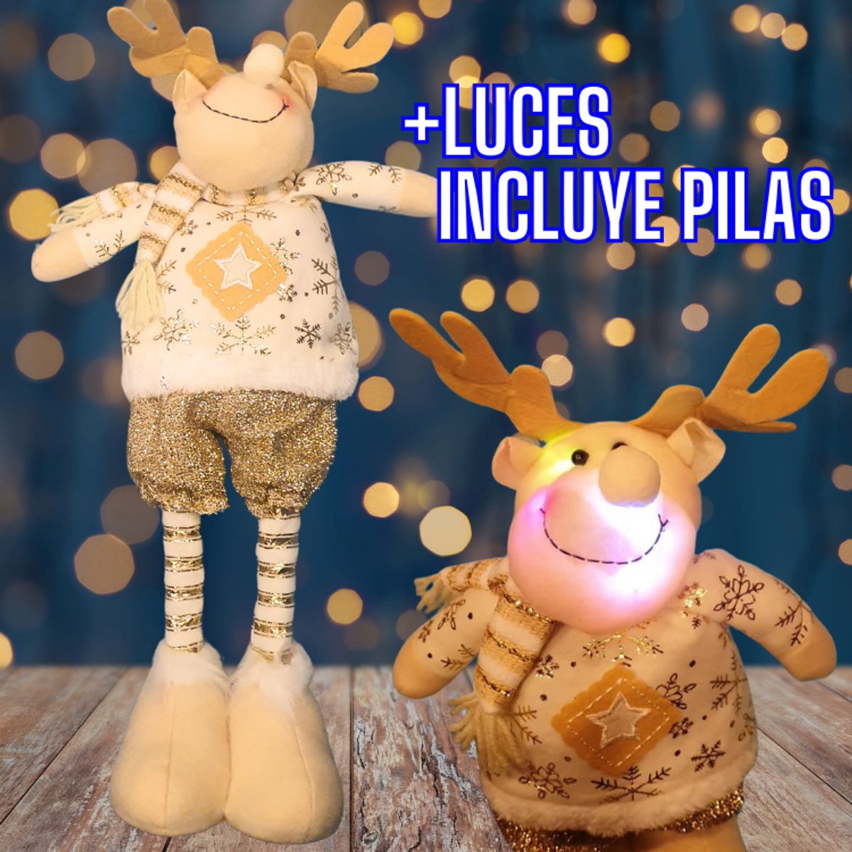 GENERICO - Reno Navideño patas largas con luces Dorado