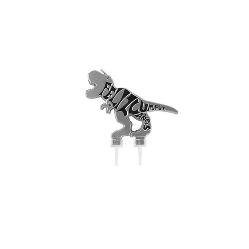 GENERICO - Vela Dinosaurio Feliz Cumpleaños Plateada 95mmx10cm