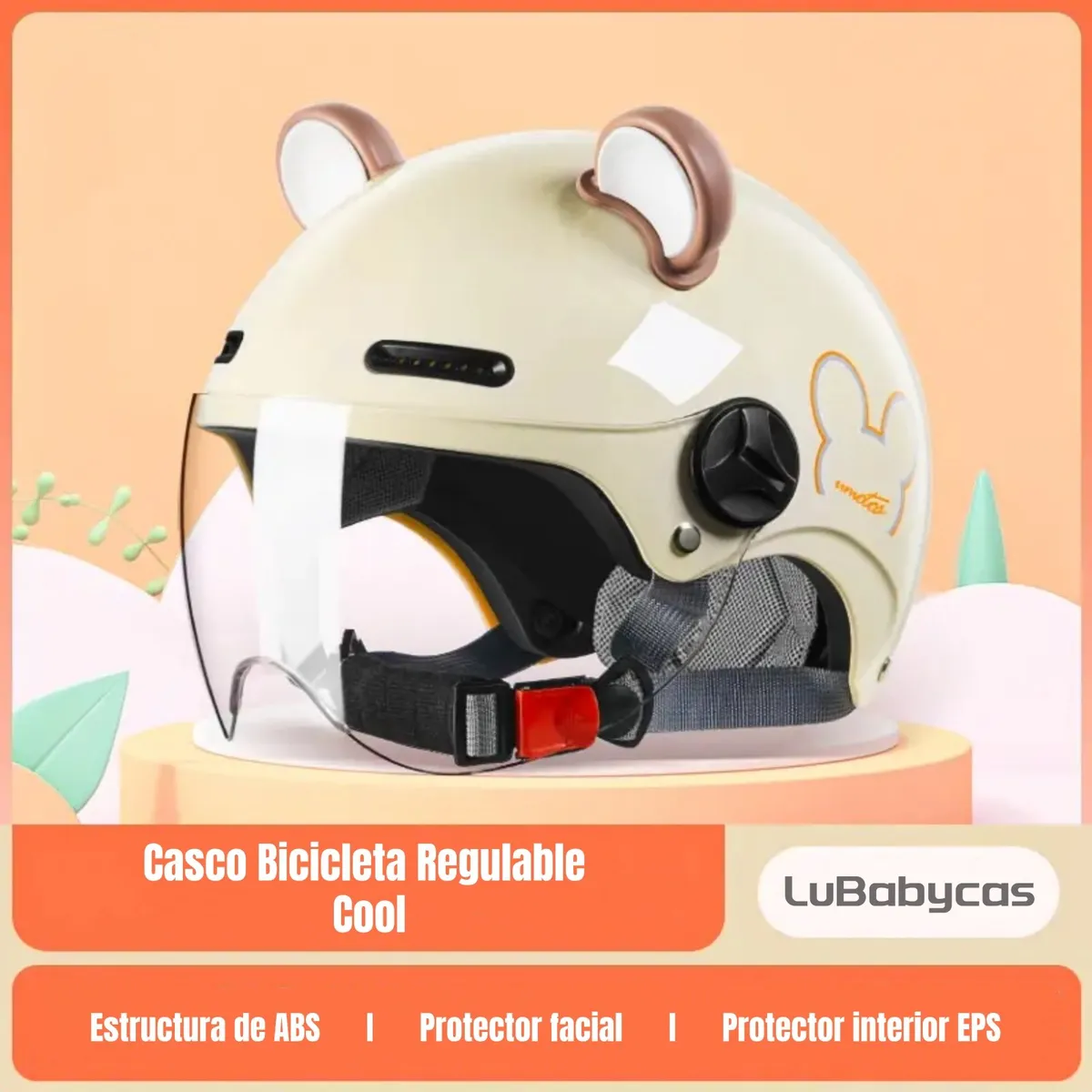 LUBABYCAS - Casco Bicicleta Regulable Con Mica Para Niños Crema