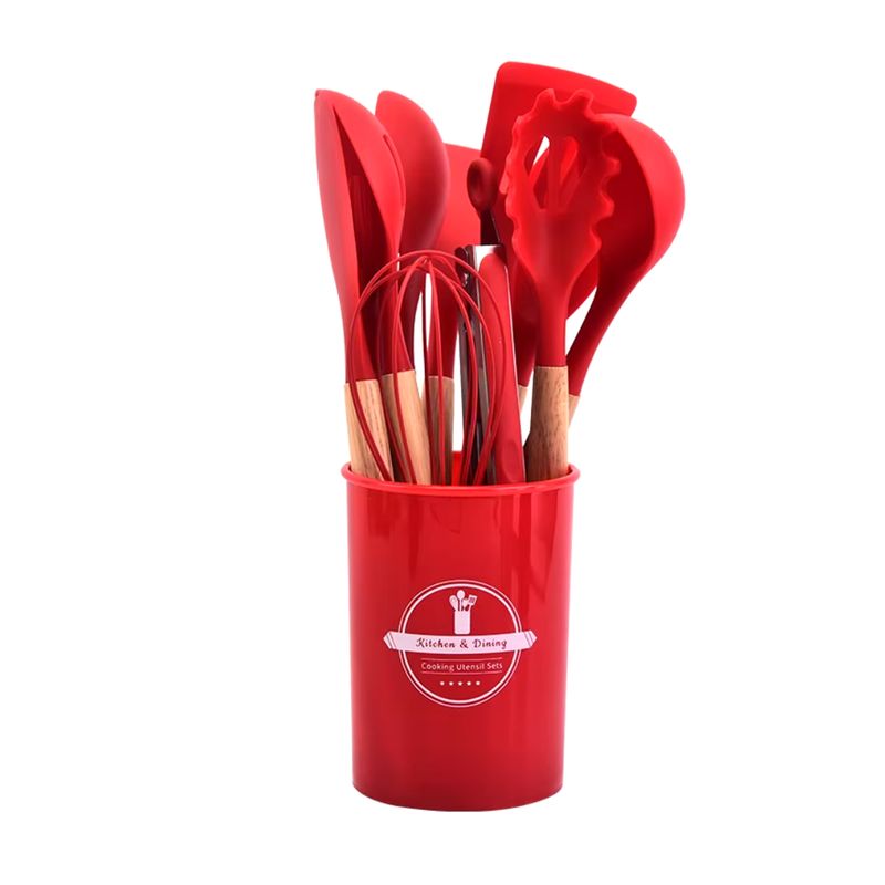 GENERICO - Juego De 12 Utensilios De Cocina Silicona Rojo