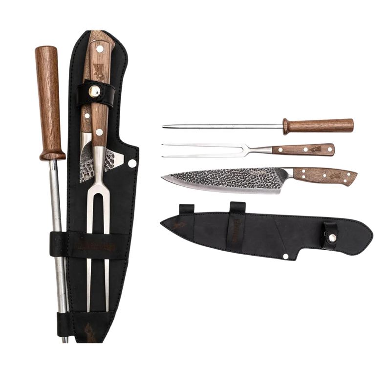 KANGKAWE - Set Cuchillo+pincho+astil Funda De Cuero