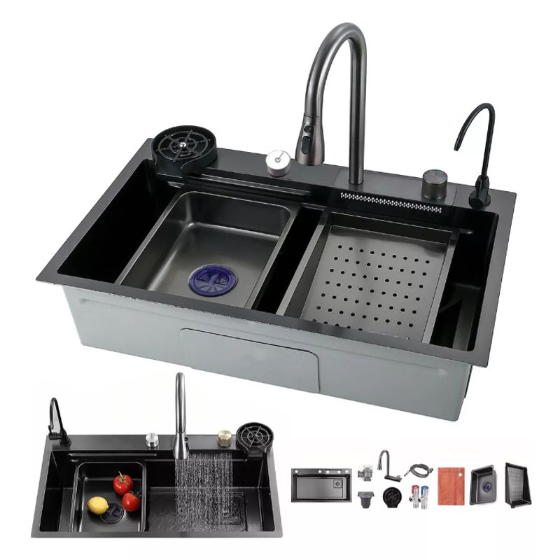 KUANGYE - Lavaplatos Doble Inoxidable Negro 75x45 + Llave + Accesorios
