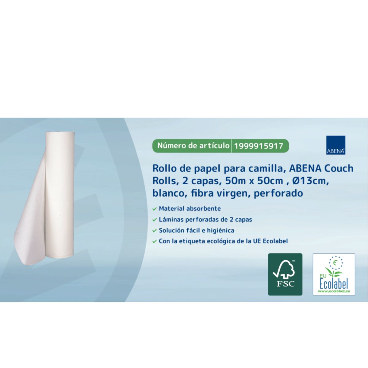 ABENA - Sabanillas para Camillas descartable por Rollo Abena, 50 metros de largo