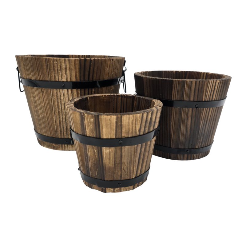 GENERICO - Set 3 Maceteros De Madera Tipo Barril Para Jardín Terrazas