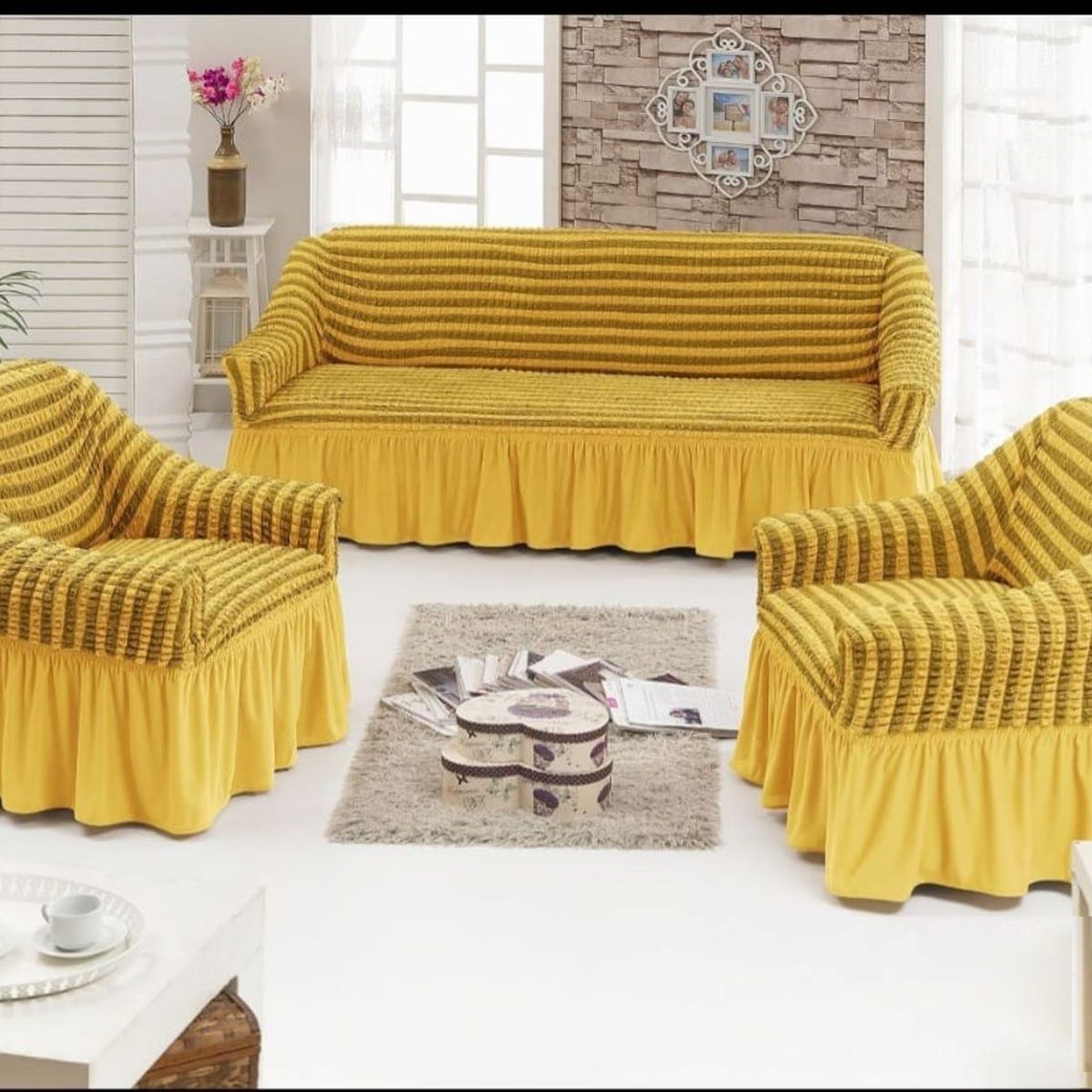 GENERICO - FUNDA TURCA DISEÑO LINEAL MOSTAZA PARA JUEGO DE MUEBLE TRADICIONAL TF