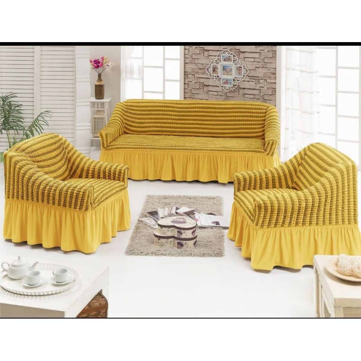 GENERICO - FUNDA TURCA DISEÑO LINEAL MOSTAZA PARA JUEGO DE MUEBLE TRADICIONAL TF