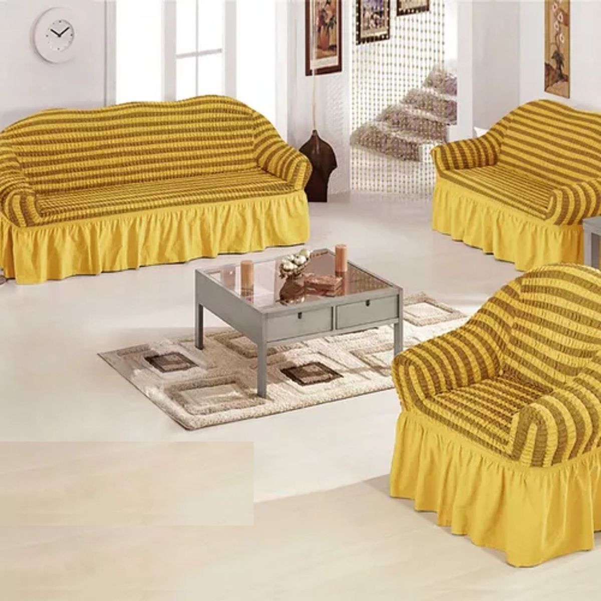 GENERICO - FUNDA TURCA DISEÑO LINEAL MOSTAZA PARA JUEGO DE MUEBLE TRADICIONAL TF