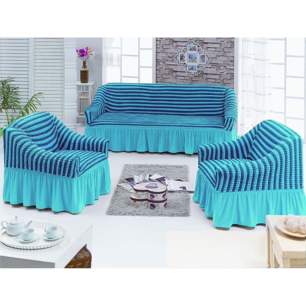 GENERICO - FUNDA TURCA DISEÑO LINEAL CELESTE PARA JUEGO DE MUEBLE TRADICIONAL TF