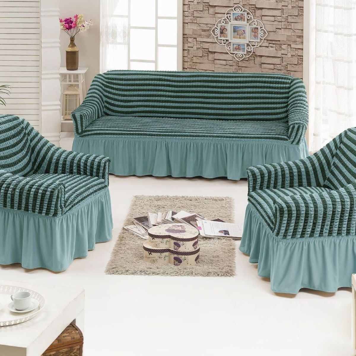 GENERICO - FUNDA TURCA DISEÑO LINEAL VERDE MENTA PARA JUEGO DE MUEBLE TRADICIONAL