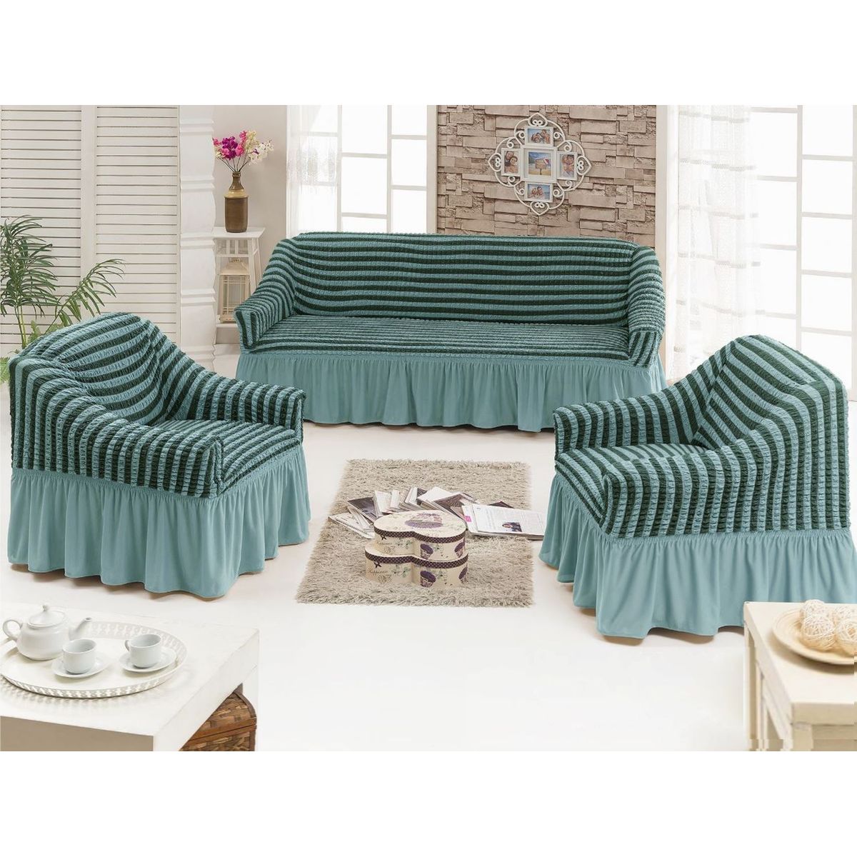 GENERICO - FUNDA TURCA DISEÑO LINEAL VERDE MENTA PARA JUEGO DE MUEBLE TRADICIONAL