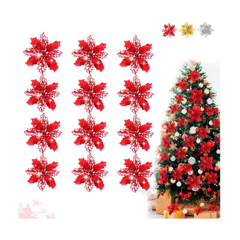 GENERICO - Pack 12 Flores Navideña Adorno Decoración Árbol Rojo