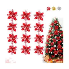 GENERICO - Pack 12 Flores Navideña Adorno Decoración Árbol Rojo