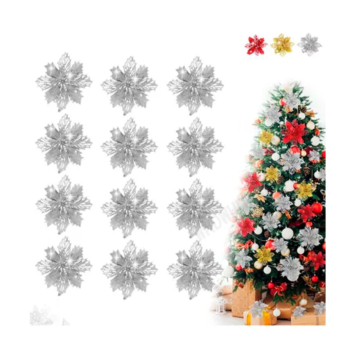 GENERICO - Pack 12 Flores Navideña Adorno Decoración Árbol Plateado
