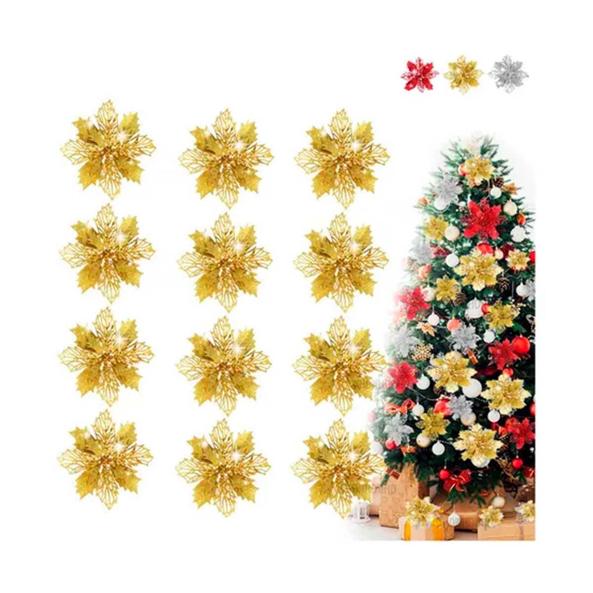 GENERICO - Pack 12 Flores Navideña Adorno Decoración Árbol Dorado